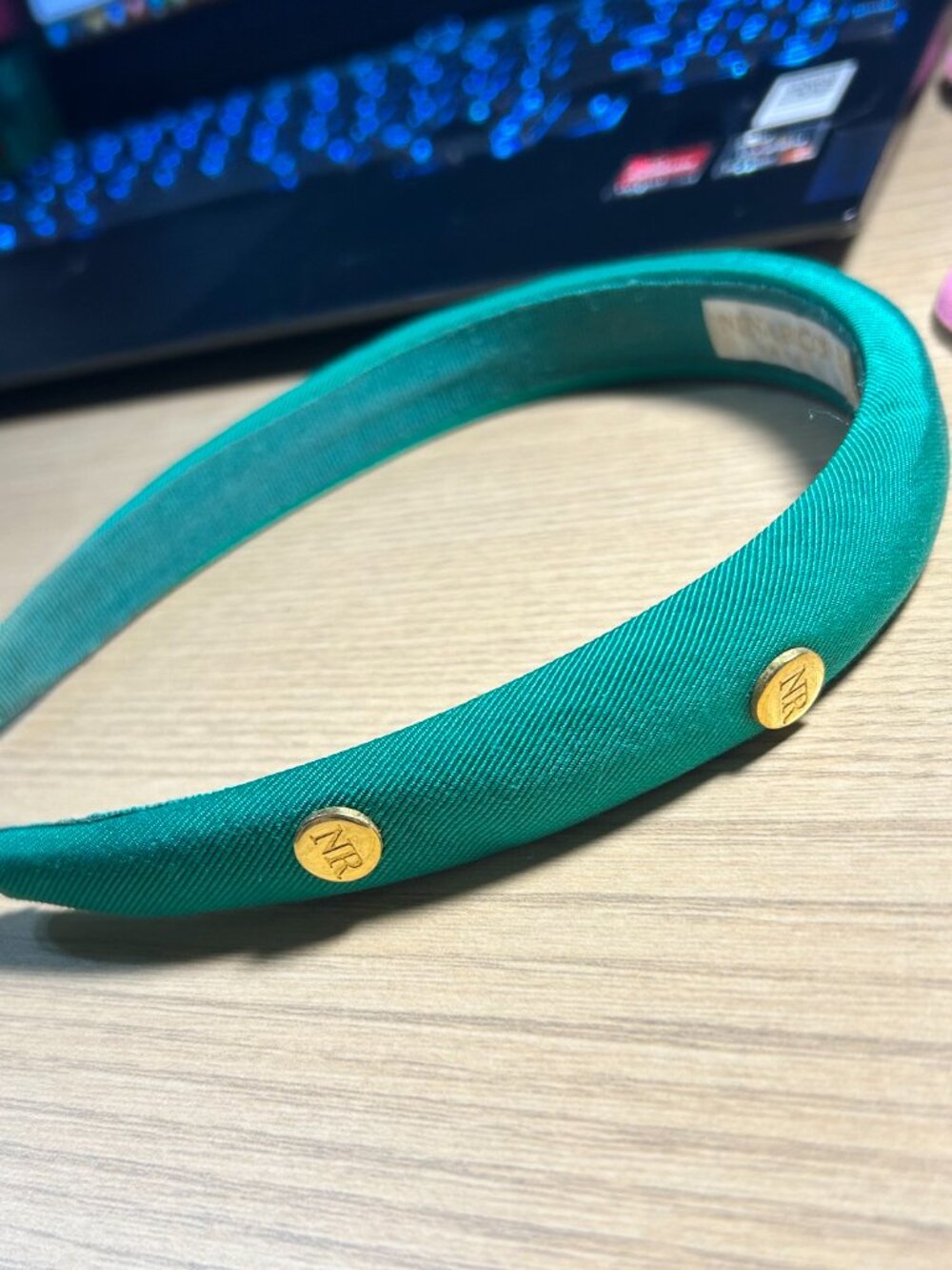 Vintage Nina Ricci Paris Emerald Green Fabric Headband Gold NR Buttons Made in F
